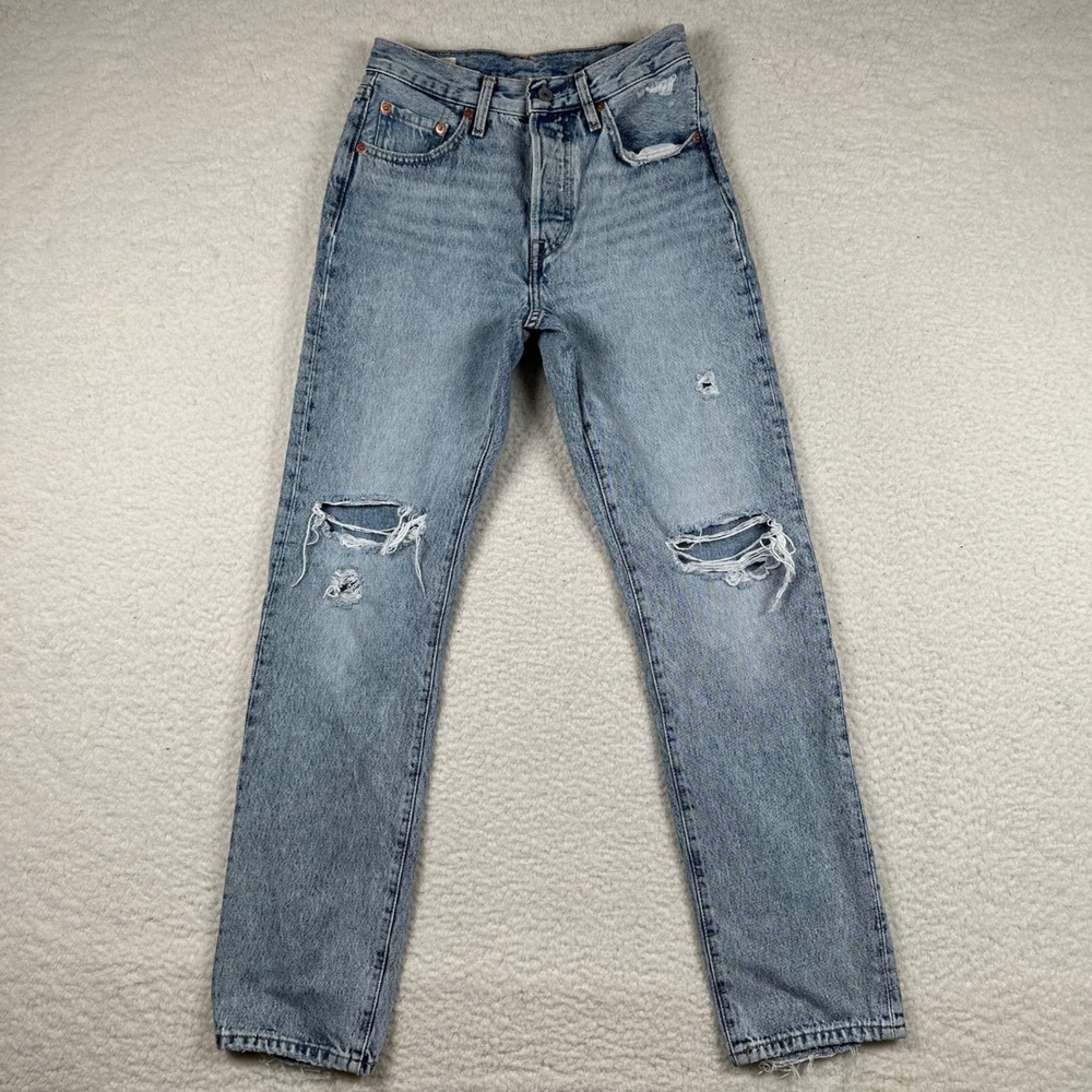Levi's 501 Original Fit Jeans Womens Big E Distressed Straight Leg 24x30 Blue